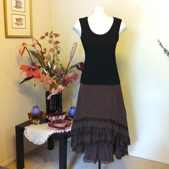 NWT Women Brown 3-Layers of Tiered Ruffle Lace Design Midi Skirt L 12 - Picture 11 of 12